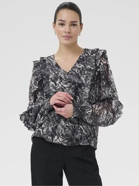 KAFFE Alicia V-Neck Blouse Black Grey Abstract NWT 38